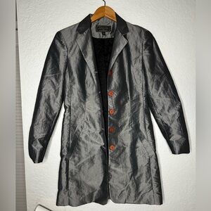 Vintage Express Silver Trench Coat Pockets Nylon Shimmer Lined Y2K Small 3/4